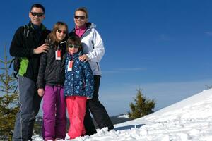 porträtt av Lycklig ung familj på vinter- foto