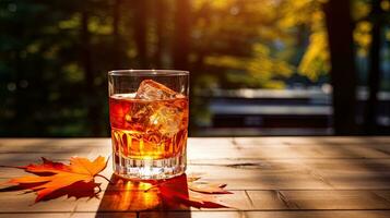 en glas cocktail med höst blad på de tabell ai generativ foto