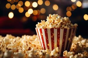 en popcorn korg på de bakgrund av film teater foto