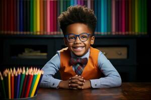 obehaglig svart pojke Sammanträde på hans skrivbord på Hem med färgad pennor foto
