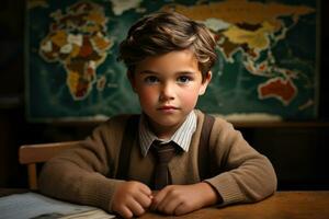 liten pojke Sammanträde ensam i hans skrivbord med anteckningsbok foto