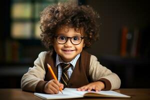 förskola pojke i glasögon skrivning på skrivbord foto
