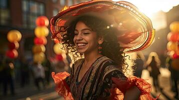 porträtt flicka bär sombrero dans på de gata av stad ai generativ foto