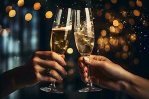 händer av ung par innehav champagne glasögon på festlig guld lysande bokeh bakgrund. firande bakgrund med gnistrande vin. ai generativ foto