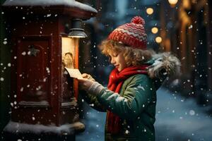 en liten pojke skicka en brev till santa claus i de jul brevlåda. vinter- tradition omgiven förbi snöflingor. foto