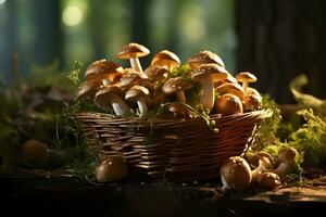 nyligen plockade svamp i en korg på de höst, falla skog bakgrund. foto