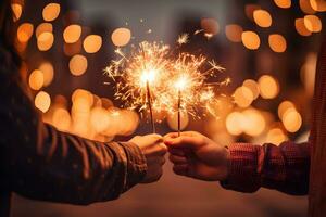 händer av ung par innehav flammande fyrverkeri på festlig guld lysande bokeh bakgrund. firande bakgrund med tomtebloss. foto