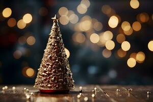 kreativ guld jul träd med bollar och glitter på suddig, gnistrande lampor bakgrund. festlig attrapp baner med grannlåt dekoration och kopia Plats. foto