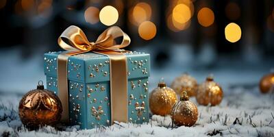 guld gåva låda på de snö med jul ornament dekoration på suddig lysande lampor bakgrund. festlig baner styled sammansättning. foto