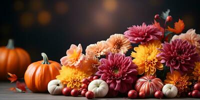 festlig höst dekoration med pumpor, blommor och falla löv. tacksägelse dag eller halloween baner begrepp. foto