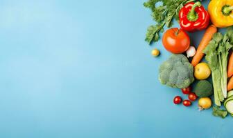topp se grönsaker på blå bakgrund. vegetarian organisk mat baner. skapas förbi ai verktyg foto