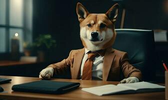 shiba inu hund i en affärsman kostym sitter flitigt på ett kontor skrivbord, utsöndrar professionalism. skapas förbi ai foto