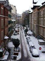 Genève snöig gata, schweiz foto