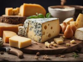 olika typer av ost på rustik trä- tabell ai genererad foto