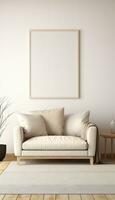 minimalistisk levande rum konstnärens ram på beige matta ai genererad foto