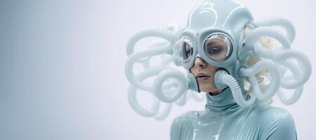 generativ ai, kvinna i plast blå bläckfisk tycka om mask, hög tech futurism, minimalistisk skönhet foto