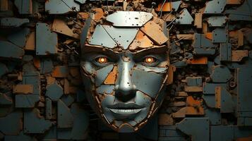 generativ ai, abstrakt robot ansikte på rostig årgång metall bakgrund, geometrisk former foto
