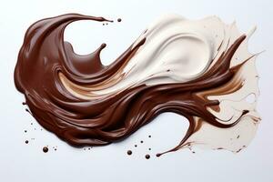 choklad och mjölk stänk rör på sig till varje Övrig. vit bakgrund. foto