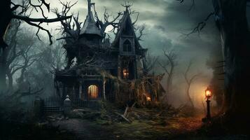 besatt hus i de natt med . skrämmande Skräck scen för festlig halloween dekoration. generativ ai foto