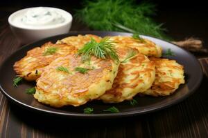 potatis pannkakor draniki med örter och sur grädde. ai genererad foto