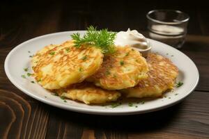 potatis pannkakor draniki med örter och sur grädde. ai genererad foto