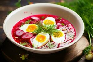 röd borscht med kokt ägg och grönsaker i en tallrik. ai genererad foto