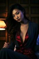 skön asiatisk flicka bär natt klänning i mysigt sovrum ai generativ foto