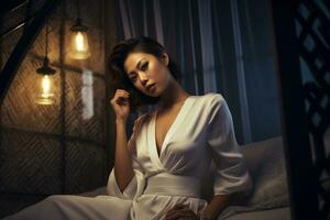 skön asiatisk flicka bär natt klänning i mysigt sovrum ai generativ foto