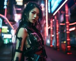 en Foto av en flicka i en neonbelyst cyberpunk klädsel i en trogen stadsbild på natt ai generativ
