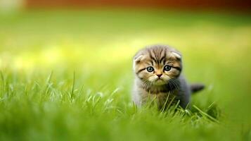 söt skott vika ihop kattunge sitter på gräsmatta solig dag, illustration generativ ai foto