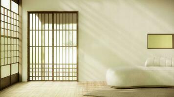 minimalistisk japandi stil levande rum dekorerad med soffa.3d tolkning foto