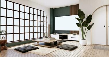 japandi rum interiör och låg tabell och fåtölj wabisabi stil.3d tolkning foto