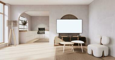 levande rum, skåp TV och soffa fåtölj minimalistisk design muji stil. foto