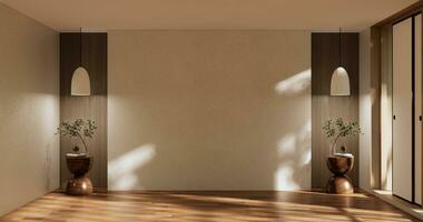 idén om tomma rum interiör zen stil golv trä på vit tom wall.3d rendering foto