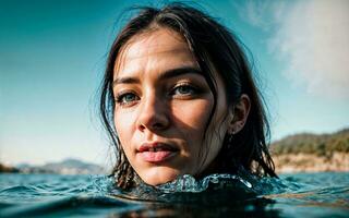 stänga upp Foto av kvinna nedsänkt i vatten sjö, generativ ai