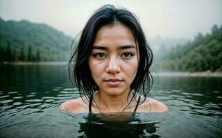 stänga upp Foto av kvinna nedsänkt i vatten sjö, generativ ai