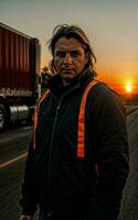 Foto av lastbil förare med lastbil i bakgrund solnedgång scen generativ ai