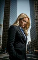 Foto av allvarlig kontor arbetssätt kvinna med hög stiga byggnad i bakgrund, generativ ai