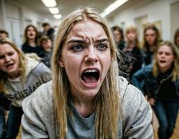 Foto av arg flicka tonåring i skola, generativ ai