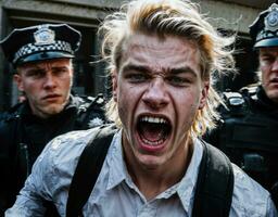 Foto av arg pojke tonåring under kontrollera med polis, generativ ai