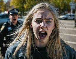 Foto av arg flicka tonåring under kontrollera med polis, generativ ai