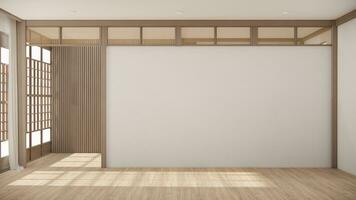 muji stil, tömma trä- rum, städning japandi rum interiör, 3d tolkning foto
