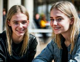 Foto av Lycklig flicka tonåring i matsal skola, generativ ai