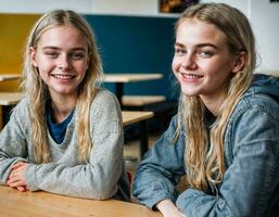 Foto av Lycklig flicka tonåring i matsal skola, generativ ai