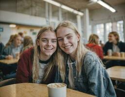 Foto av Lycklig flicka tonåring i matsal skola, generativ ai