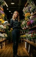 Foto av kvinna som en blomsterhandlare blomma Lagra, generativ ai