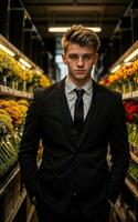 Foto av man som en blomsterhandlare blomma Lagra, generativ ai