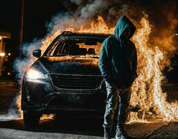 Foto av man bär luvtröja jacka i främre av brinnande bil omslag med brand, generativ ai