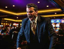 Foto av arg och upprörd spelare man i kasino, generativ ai