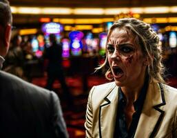 Foto av arg och upprörd spelare kvinna i kasino, generativ ai